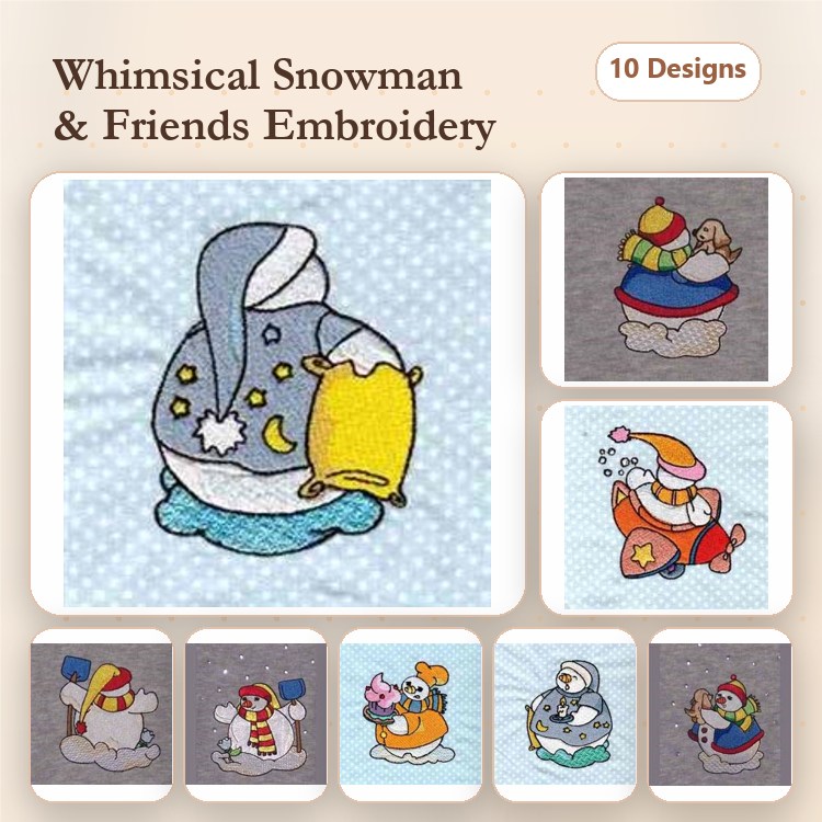 Snowman & Penguin Christmas Embroidery Designs Bundle – Snowman with Hat, Santa Snowman, Snowman in Sled & More (10 Designs)