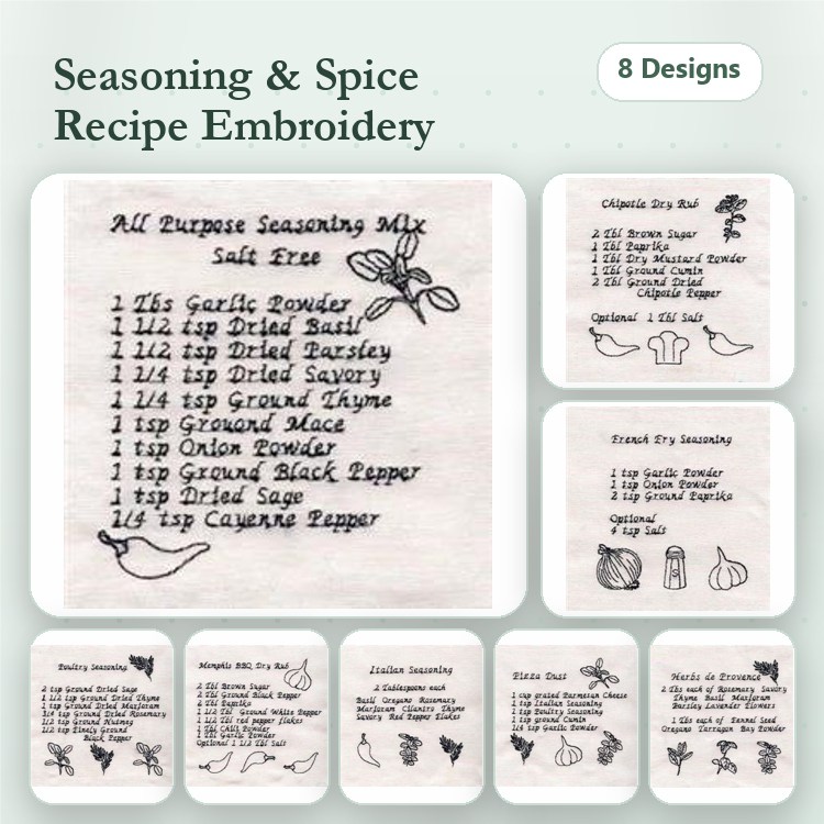 Seasoning & Spice Recipes Embroidery Designs Bundle – Garlic Powder, Dried Basil, Ground Thyme & More (8 Designs)