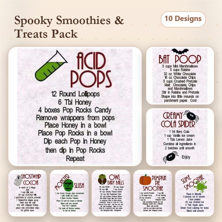 Halloween Treats Embroidery Designs Bundle – Acid Pops, Bat Poop, Pumpkin Pie Smoothie & More (10 Designs)