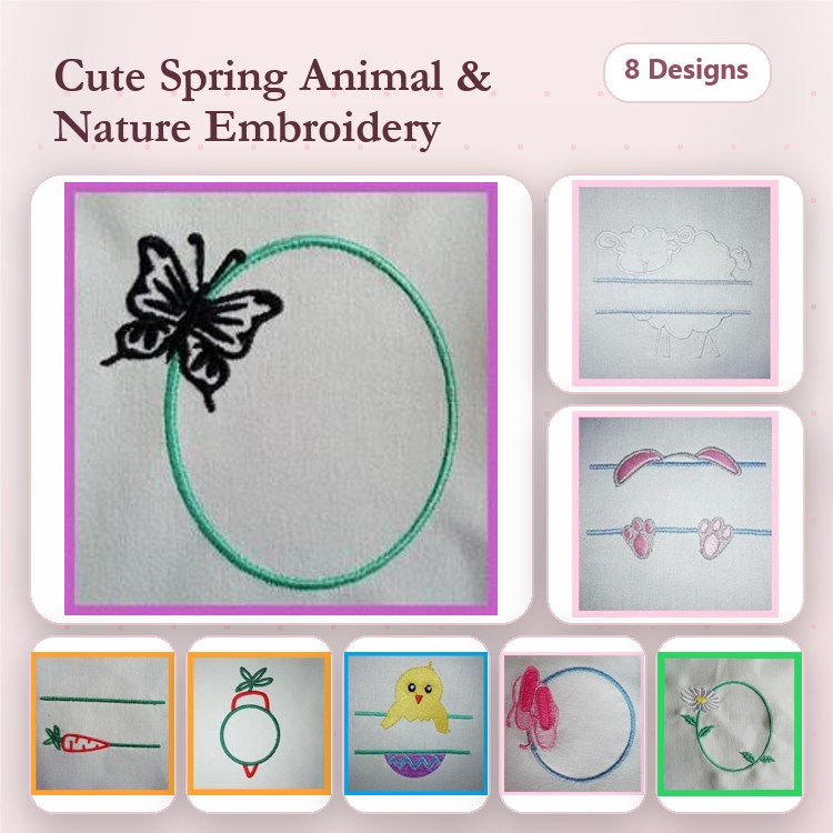Spring Animals Embroidery Designs Bundle – Butterfly, Chick, Flower, & More (8 Designs)
