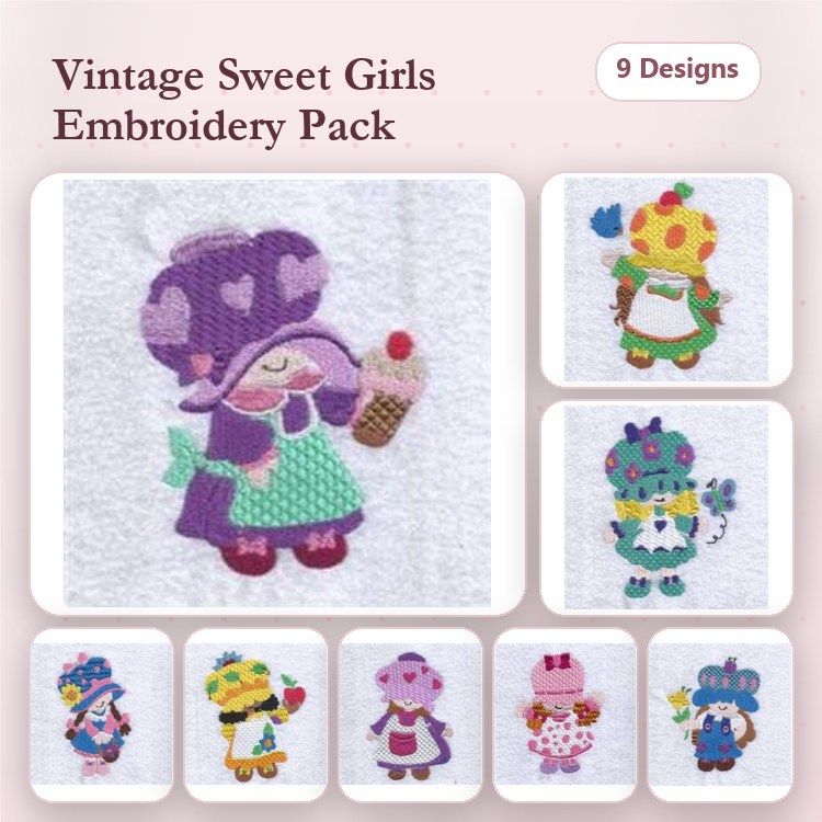 Vintage Sweet Girls Embroidery Designs Bundle – Girl with Ice Cream, Girl with Cake, Girl with Strawberry Hat & More (9 Designs)