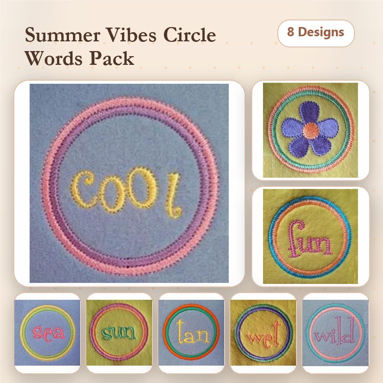 Summer Words Embroidery Designs Bundle – Cool Circle, Fun Circle, Sea Circle & More (8 Designs)