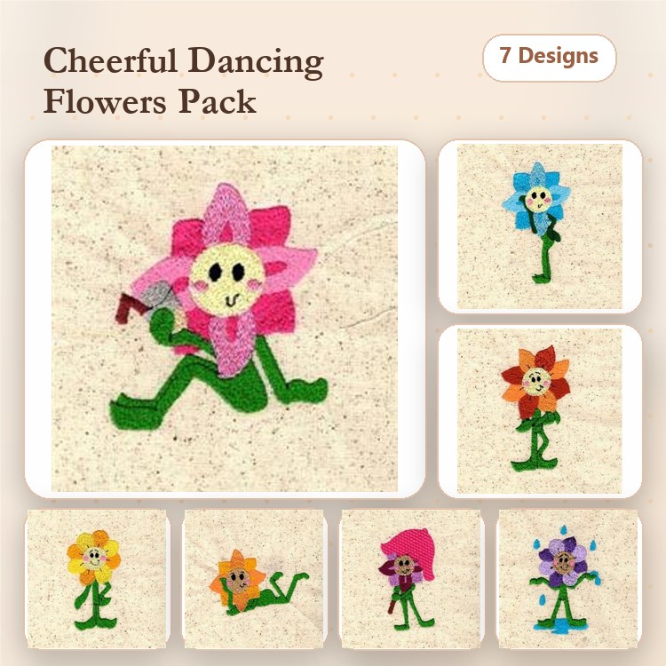 Cheerful Dancing Flowers Embroidery Bundle – Pink, Blue, Red, Yellow & More (7 Designs)