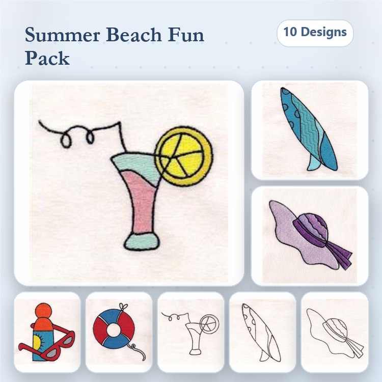 Summer Beach Items Embroidery Bundle – Cocktail with Lemon, Beach Ball, Seashell & More (10 Designs)