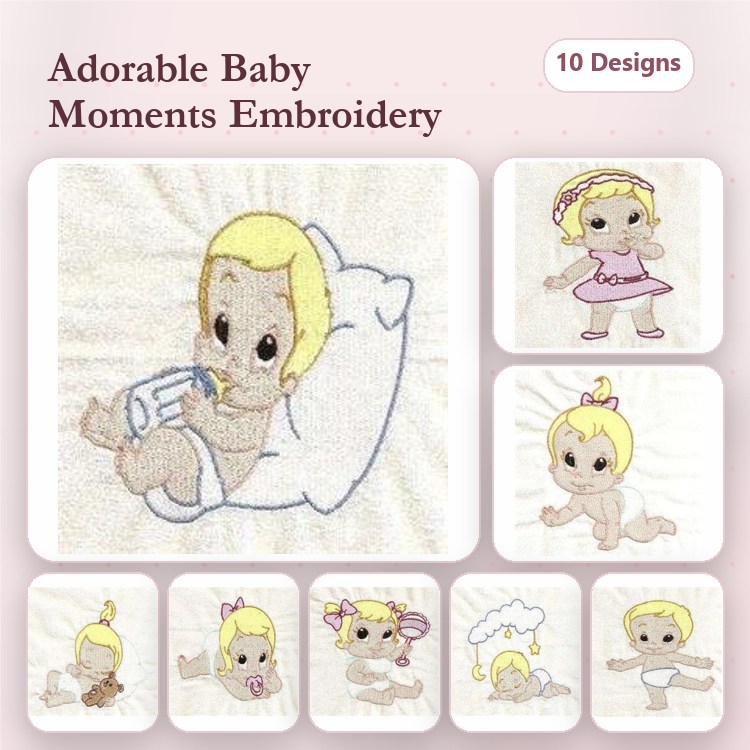 Adorable Baby Scenes Embroidery Designs Bundle – Baby with Bottle, Baby in Pink Outfit, Baby with Bow & More (10 Designs)