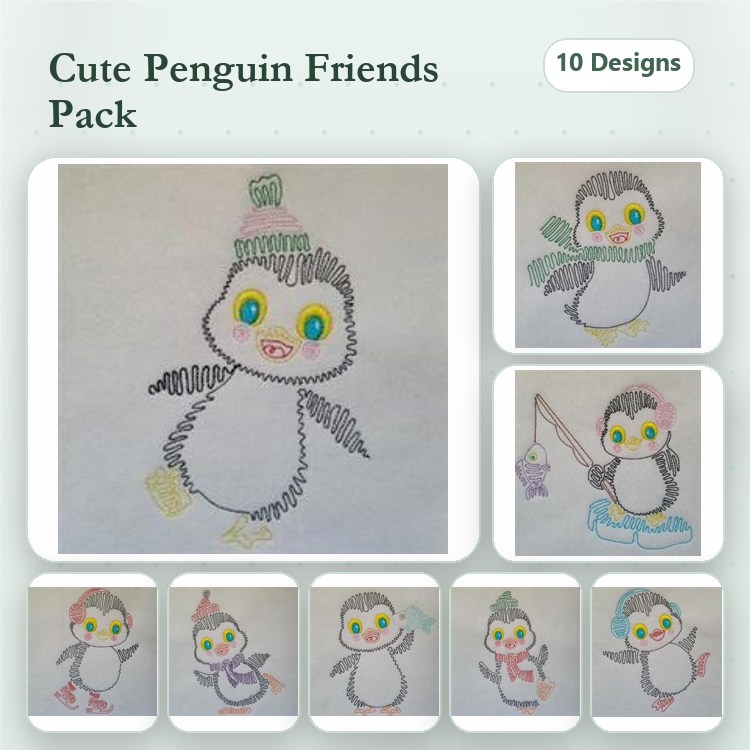 Cute Penguin Embroidery Bundle – Penguin with Hat, Fishing Rod, Scarf & More (10 Designs)