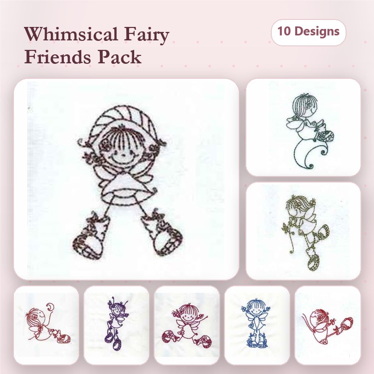 Redwork Fairy Characters Embroidery Designs Bundle – Fairy Girl with Skates, Flowers, Wand & More (10 Designs)