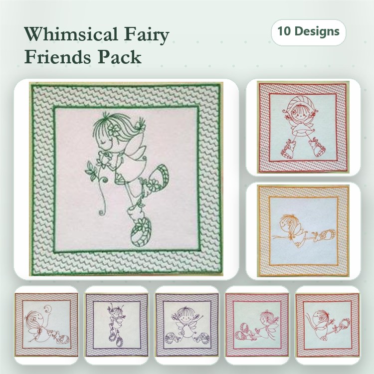 Redwork Fairy Characters Embroidery Designs Bundle – Fairy Girl with Flower, Fairy Boy with Wand & More (10 Designs)