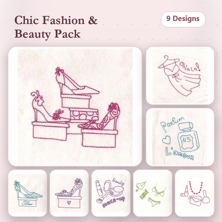 Redwork Fashion Embroidery Bundle – High Heel Shoes, Perfume Bottle, Lipstick & More (9 Designs)