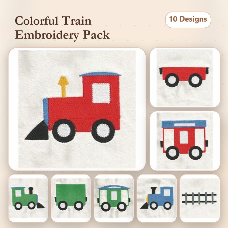 Colorful Train Embroidery Designs Bundle – Red Train Engine, Blue Train Engine, Green Train Car & More (10 Designs)