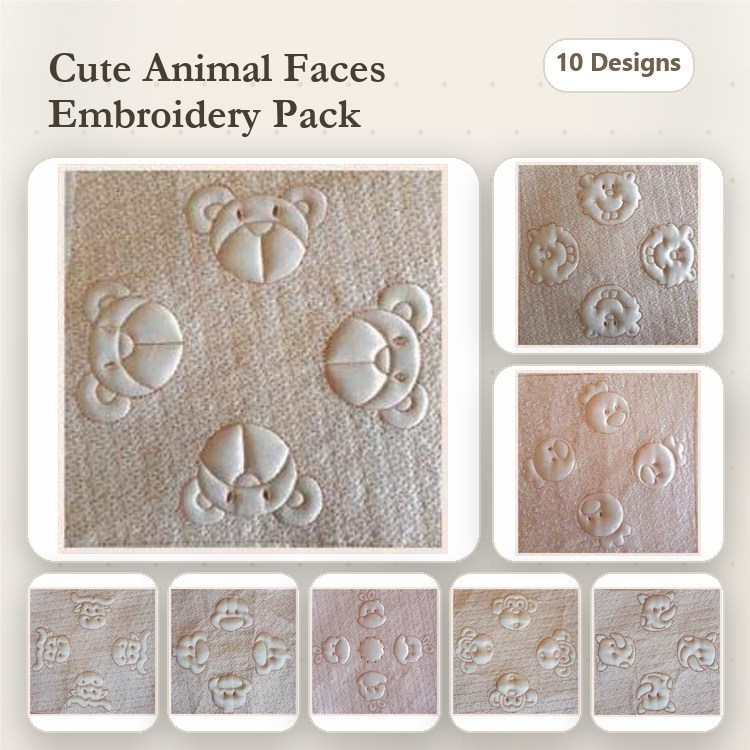 Cute Animal Faces Embroidery Designs Bundle – Bear, Cat, Dog, Panda & More (10 Designs)