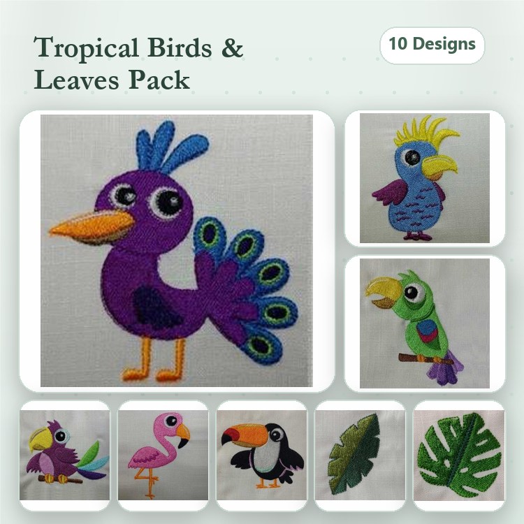 Tropical Birds Embroidery Designs Bundle – Purple Bird, Blue Bird, Green Parrot & More (10 Designs)