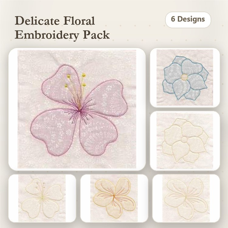Delicate Floral Embroidery Bundle – Pink Floral, Blue Floral, Light Yellow Floral & More (6 Designs)