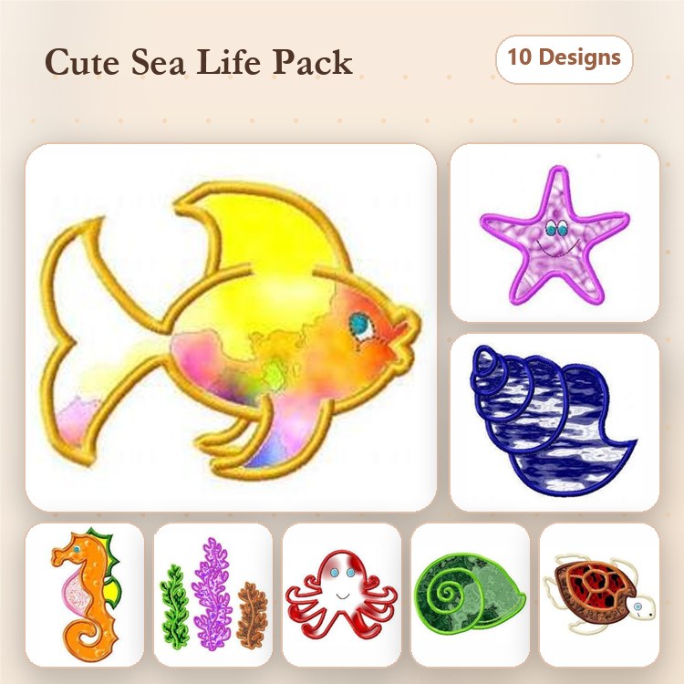 Applique Cute Sea Life Embroidery Bundle – Goldfish, Starfish, Seahorse & More (10 Designs)