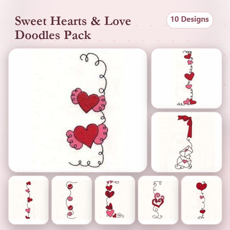 Redwork Hearts & Love Embroidery Designs Bundle – Decorative Hearts, Heart with Ribbons, Swirling Heart Outline & More (10 Designs)