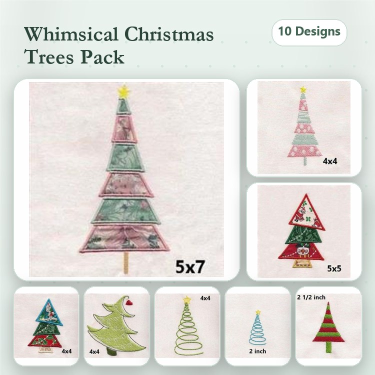 Applique Whimsical Christmas Trees Embroidery Designs Bundle – Christmas Tree with Star, Striped Christmas Tree, Red Christmas Tree & More (10 Designs)