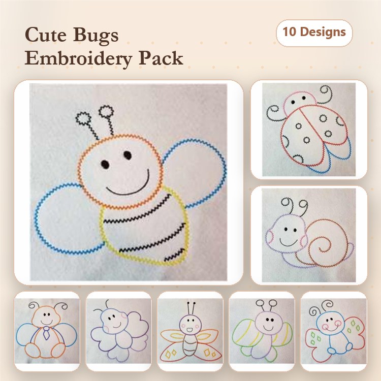 Redwork Cute Bug Embroidery Bundle – Bee, Ladybug, Snail, Butterfly & More (10 Designs)