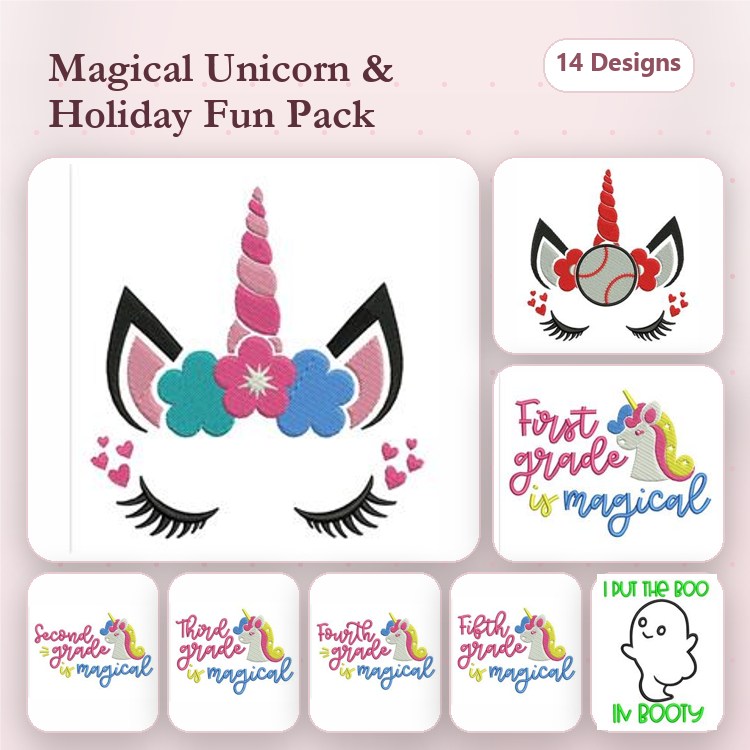 Unicorn & Holiday Embroidery Designs Bundle – Unicorn Face with Flowers, First Grade is Magical & More (14 Designs)