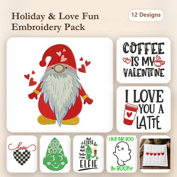 Valentine Gnome & Coffee Embroidery Bundle – Valentine Gnome, I Love You a Latte, Cup with Hearts & More (12 Designs)