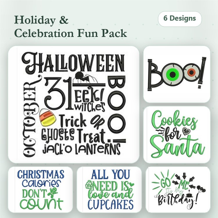 Holiday Celebration Embroidery Designs Bundle – Halloween Witches, Cookies for Santa, & Birthday Cheers (6 Designs)