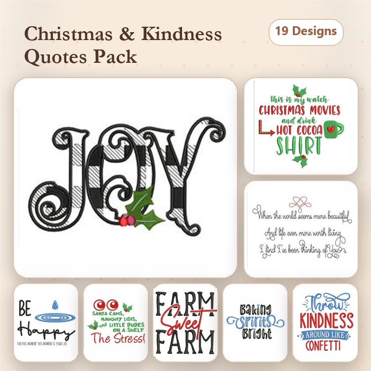 Christmas Quotes & Kindness Embroidery Designs Bundle – Joy Quote, Be Happy, Sending Christmas Wishes & More (19 Designs)