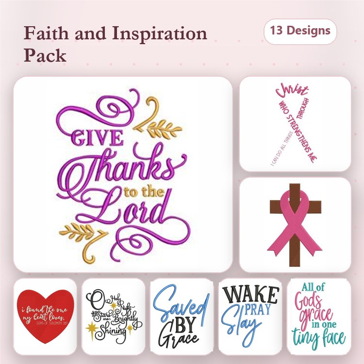 Faith & Inspirational Quotes Embroidery Designs Bundle – Give Thanks to the Lord, Saved by Grace, & More (13 Designs)