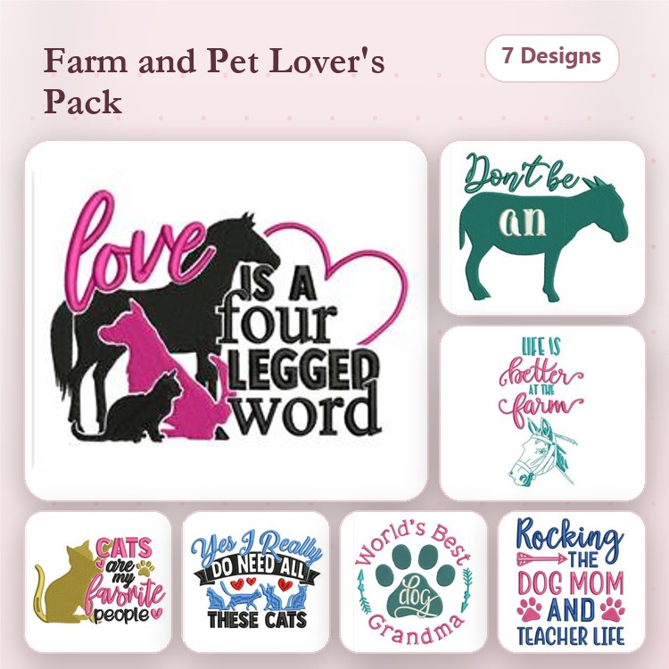 Farm & Pet Themed Embroidery Bundle – Cats & Dogs (7 Designs)