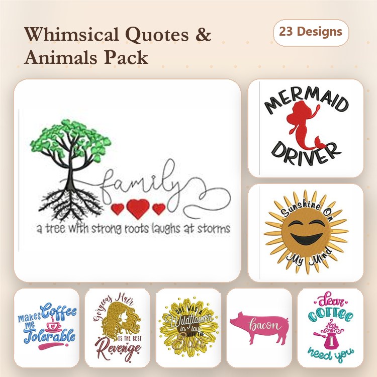 Whimsical Quotes & Animals Embroidery Designs Bundle – Family Tree, Mermaid, Coffee Lover Quote & More (23 Designs)