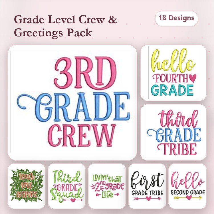 Grade Level Themes Embroidery Designs Bundle – 3rd Grade Crew, Hello Fourth Grade, Third Grade Tribe & More (18 Designs)