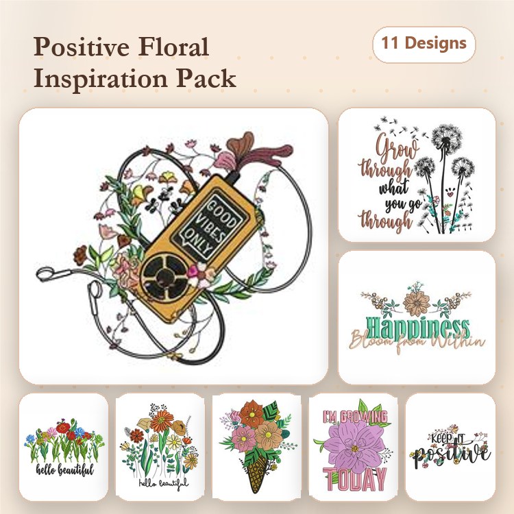 Floral and Positive Quotes Embroidery Designs Bundle – Food Makes Me Happy, Happiness Blooms from Within, & More (11 Designs)