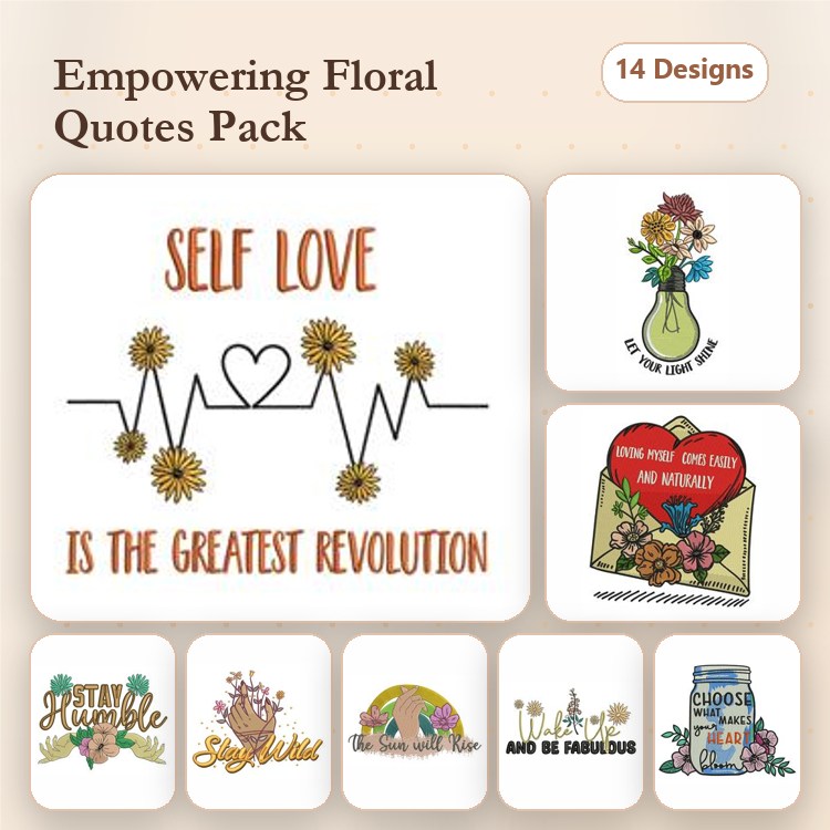 Floral Quotes Embroidery Designs Bundle – Self Love, Good Vibes, Live Love Laugh & More (14 Designs)