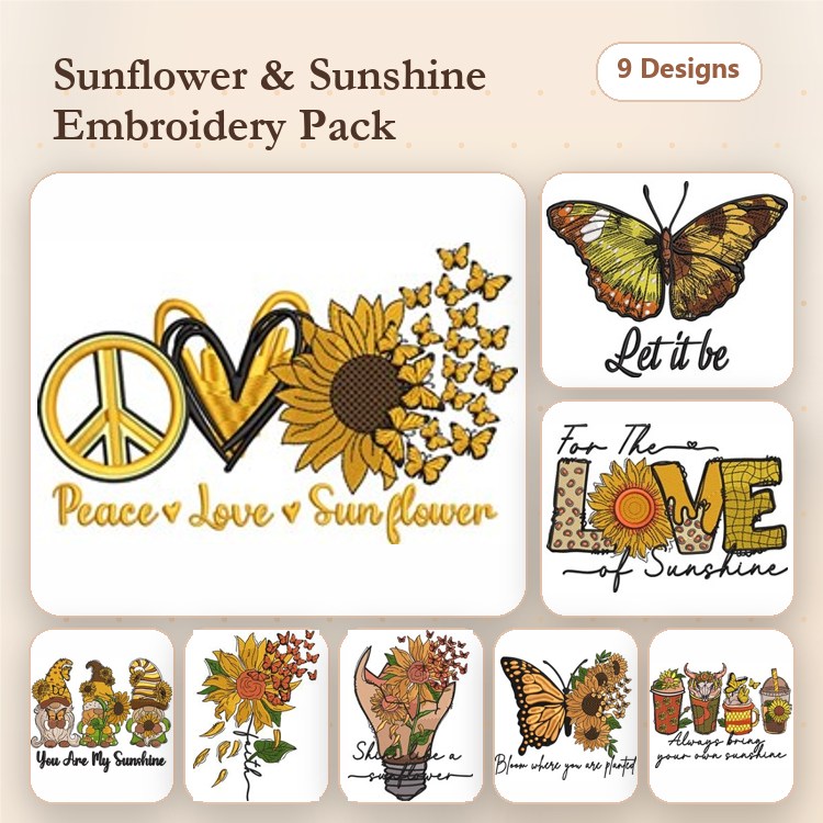 Sunflowers & Peace Embroidery Designs Bundle – Peace Love Sunflower, Sunflower with Hearts, & More (9 Designs)