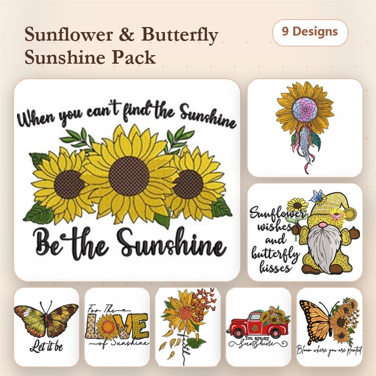 Sunflower & Butterfly Embroidery Designs Bundle – Sunflower Quote, Love You More Sunshine, & More (9 Designs)