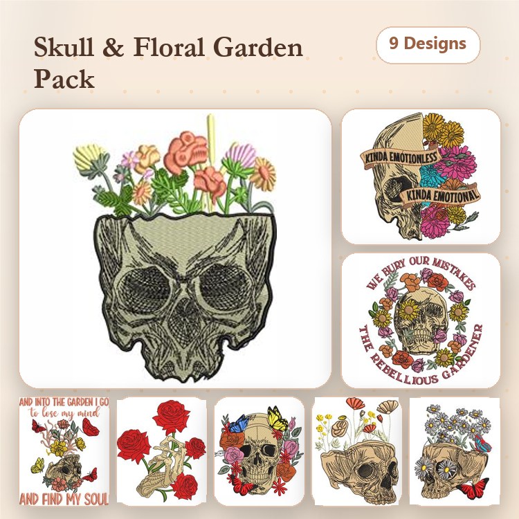 Skull with Floral Designs Embroidery Bundle – Skull with Flowers, Plant Skull, Floral Skull & More (9 Designs)