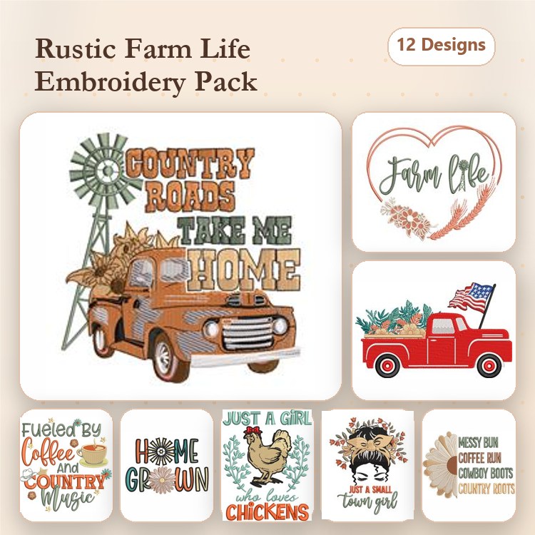 Farm Life Embroidery Designs Bundle – Vintage Truck, Windmill, Chickens & More (12 Designs)