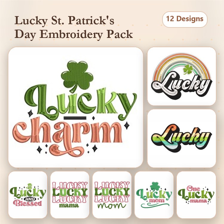 Lucky Charm Embroidery Designs Bundle – Lucky Leprechaun, Lucky Rainbow, Lucky Shamrock & More (12 Designs)