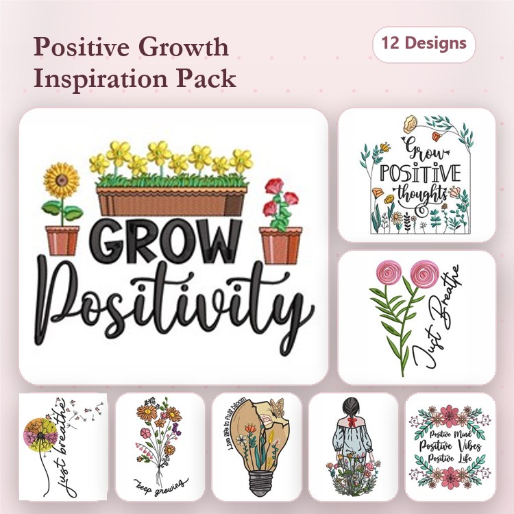 Floral Embroidery Designs Bundle – Sunflower in Pot, Inspirational Quote with Flowers, & More (12 Designs)