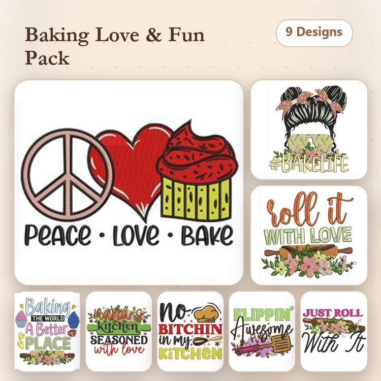 Baking and Love Embroidery Designs Bundle – Peace Love Bake, Cupcake with Heart, & More (9 Designs)