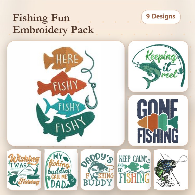 Fishing Themed Embroidery Designs Bundle – Here Fishy Fishy Fishy, Keep Calm and Go Fishing, & More (9 Designs)