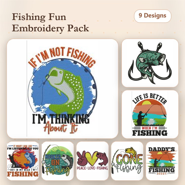 Fishing Quotes Embroidery Designs Bundle – If I'm Not Fishing, Gone Fishing, Life is Better with Fishing & More (9 Designs)