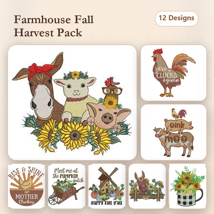 Farm Animal Embroidery Designs Bundle – Donkey with Flowers, Sheep with Flowers, Pig with Sunflowers & More (12 Designs)