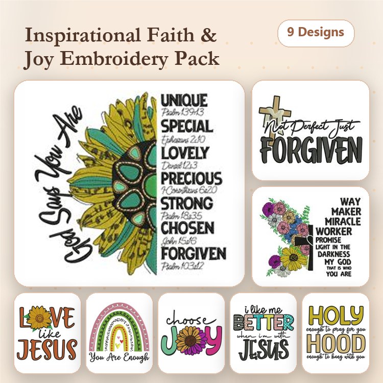 Inspirational Faith Embroidery Designs Bundle – God Says You Are, Choose Joy, You are Enough & More (9 Designs)