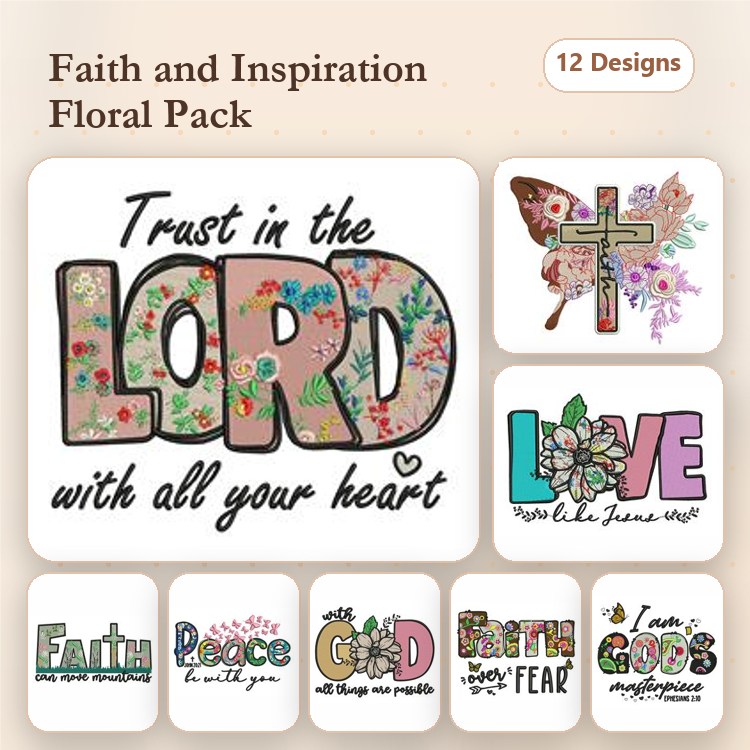 Faith & Inspiration Floral Embroidery Designs Bundle – Trust in the Lord, Floral Cross, Love & More (12 Designs)