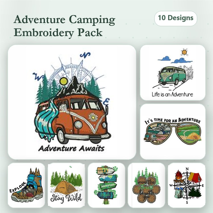 Adventure Camping Embroidery Designs Bundle – Vintage Camper Van, Mountain Landscape, Campsite with Tent & More (10 Designs)