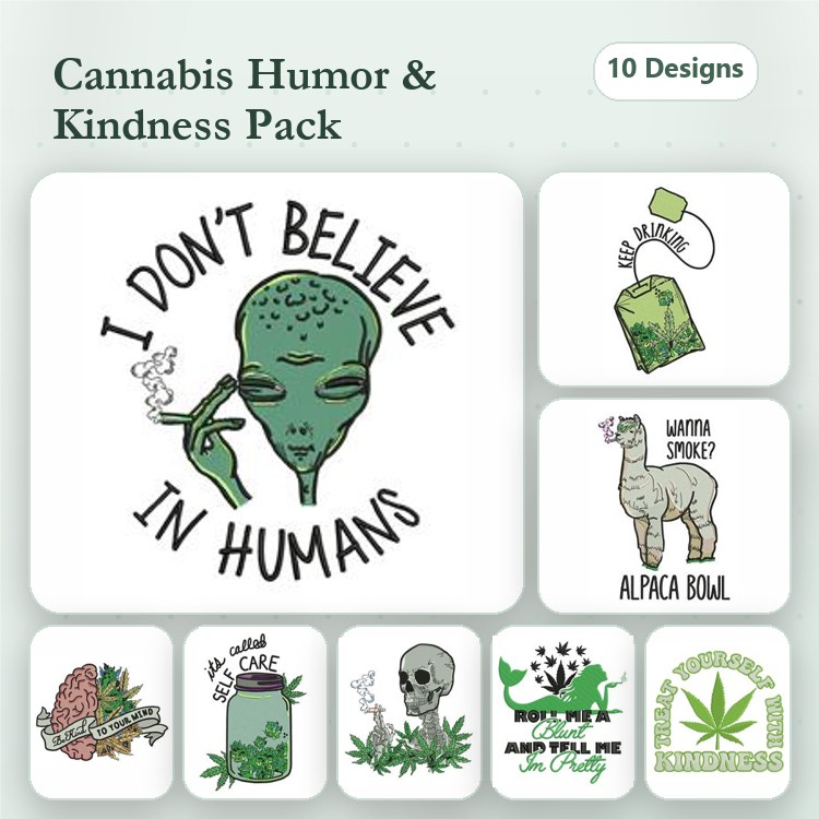 Funny Cannabis Humor Embroidery Designs Bundle – Alien with Joint, Cannabis Jar, Llama with Joint & More (10 Designs)