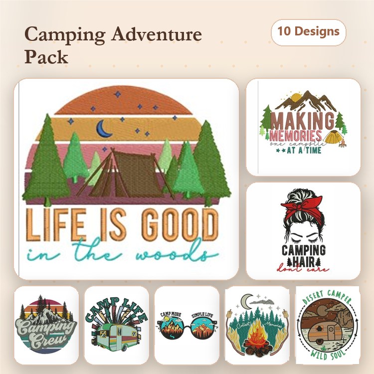 Camping Adventure Embroidery Designs Bundle – Life Is Good in the Woods, Adventure Awaits, & More (10 Designs)