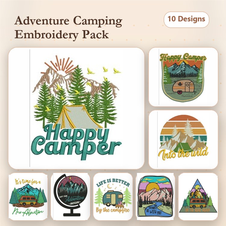 Camping and Adventure Embroidery Designs Bundle – Happy Camper, Into The Wild, Campfire & More (10 Designs)