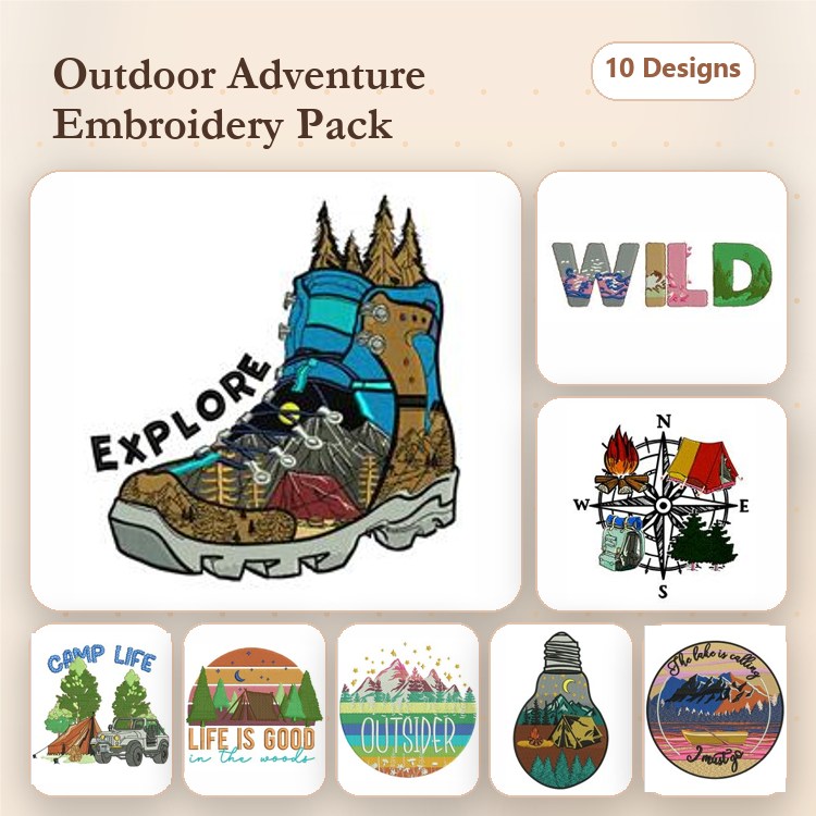 Outdoor Adventure Embroidery Designs Bundle – Hiking Boot, Camp Life Scene, Sunset Over Mountains & More (10 Designs)