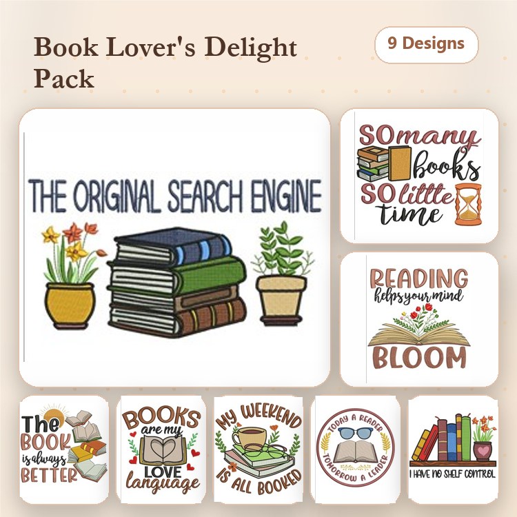 Book-Themed Quotes Embroidery Designs Bundle – The Original Search Engine, So Many Books So Little Time, & Reading Is My Escape (9 Designs)