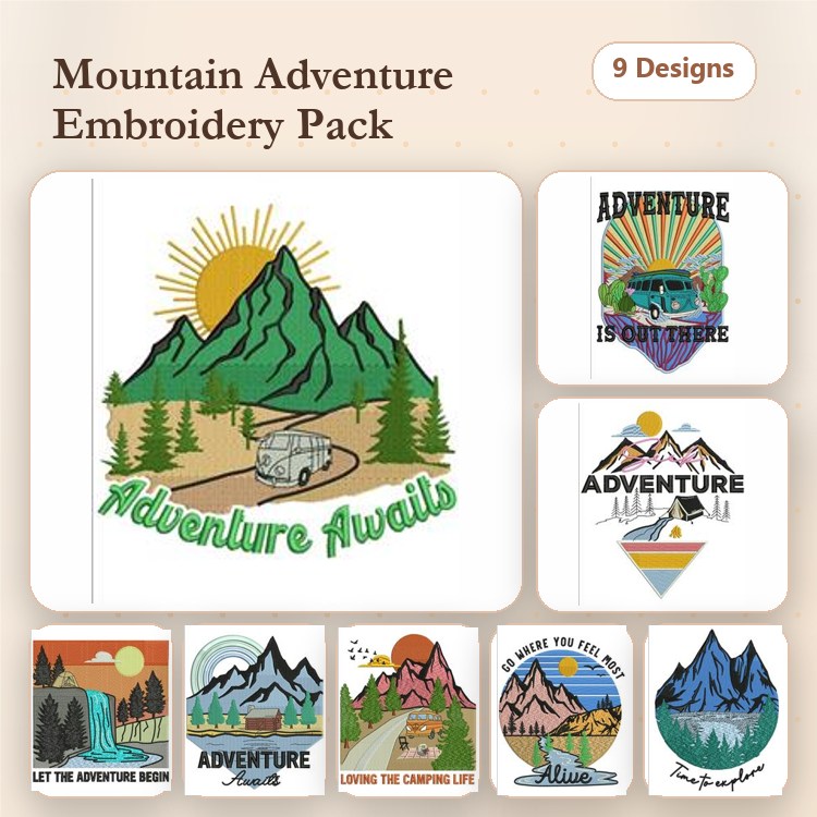 Mountain Adventure Embroidery Designs Bundle – Adventure Awaits, Living the Camper Life, Explore More & More (9 Designs)